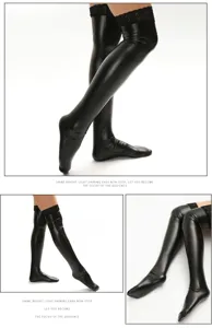 Sexy patent leather over-the-knee thigh high stockings with black lace trim for women.