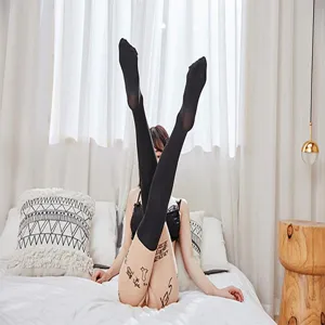 Sexy sheer open crotch black tights with Japanese print, erotic hosiery for women.