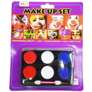 Detailed view of 6-color face paint set with palette, brush, and festive makeup examples.