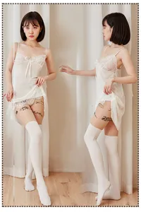 Japanese style sexy sheer crotchless stockings with cute lace nightgown set for women.