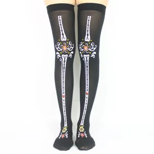 Calcetines negros altos con estampado de esqueleto para accesorios de fiesta de Halloween