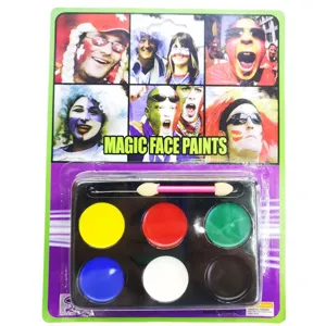 6-color face paint palette kit with applicator brush, ideal for Halloween makeup and parties.