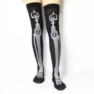 Halloween calcetines por encima de la rodilla con esqueleto gótico medias negras accesorio