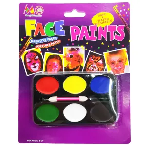 Close-up of 6-color face paint palette with applicator, safe washable kids party makeup set