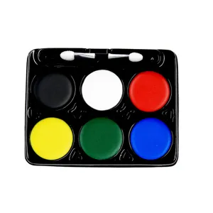 Detailed view of the 6-color face paint palette with dual-ended applicator brush for makeup.