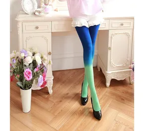 Gradient velvet pantyhose for women, stylish blue to green color block tights for daily wear.