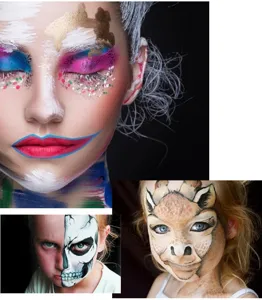 Detail shot of 6-color face paint kit showing various creative Halloween body art designs.