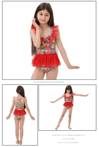 Buntes Kinder Meerjungfrau Badeanzug Performance Partykleid mit roten Tüllrüschen Trägern.