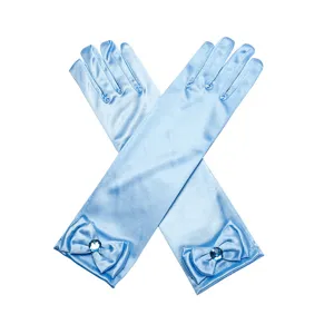 Children light blue satin long opera gloves with sparkling bow and gem for party show