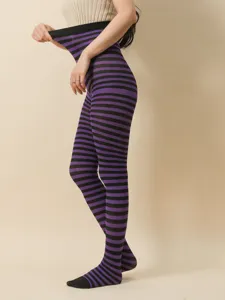 Medias a rayas moradas y negras, leggings elásticos de cintura alta para disfraces de Halloween.