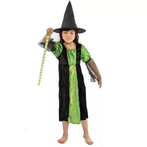 Costume de sorcière verte pour enfants Halloween cosplay, robe noire, chapeau et baguette.