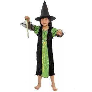 Costume de sorcière verte pour enfants Halloween avec chapeau pointu et robe de cosplay.