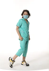Details of kids doctor costume, blue medical cosplay outfit with stethoscope print for kids.