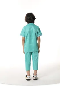 Kids doctor costume back view detail showing blue short sleeve top and matching pants set.