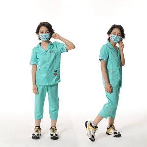 Kids veterinarian doctor cosplay costume set with top pants and matching printed mask.