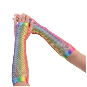 Rainbow long fishnet gloves, half-finger colorful mesh arm warmers for party, festival style.