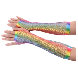 Detailed view of colorful rainbow long fishnet gloves, half-finger design for party fashion.