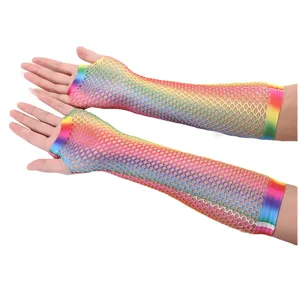 Closeup view of rainbow fishnet long gloves, showing elastic mesh fabric and vibrant colors.