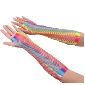 Rainbow fishnet long gloves, half-finger party costume accessories for women and girls.