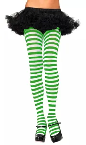Green and white striped tights for St. Patrick's day party costume and festive wear.