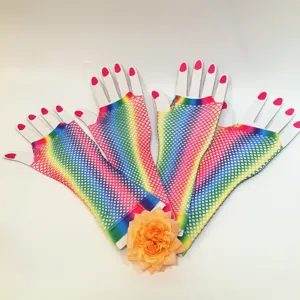 Rainbow fishnet gloves long half-finger colorful knit mesh party accessories detail view
