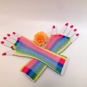 Detail shot of rainbow fishnet long fingerless gloves showcasing vibrant mesh texture.