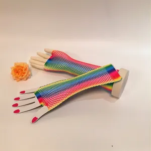 Details of colorful rainbow half-finger long fishnet gloves, vibrant party costume accessories.