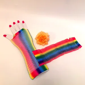 Rainbow fishnet long gloves detail shot, colorful mesh fabric half finger design, party accessory.