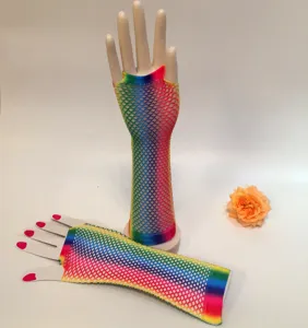 Colorful rainbow fishnet long gloves, half finger design, party costume accessory style.