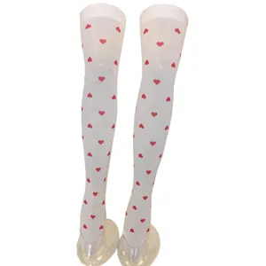 White heart print over-the-knee stockings, sweet thigh high socks for date party.