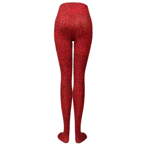 Sexy red leopard print pantyhose for women, perfect for Halloween costumes and parties.