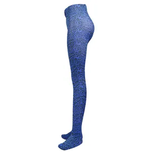 Detail view of the blue leopard print pantyhose, showing the close texture and stretch fit.