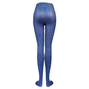 Blue leopard print tights featuring full-foot design and stretchy fabric for great nightwear style.