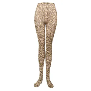 Detailed view of fashionable leopard print tights showcasing unique pattern design and stretch fit.