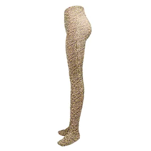 Leopard print tights detail view, elastic hosiery fabric, close-up pattern presentation.