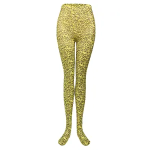 Detailed view of vibrant yellow leopard print pantihose, sexy hosiery for night clubs or parties.