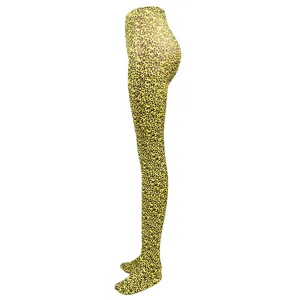 Detailed side view of yellow leopard print pantyhose, showing texture and snug fit.