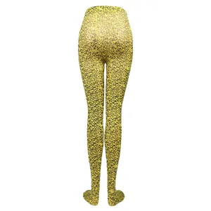 Detailed back view of yellow leopard print pantyhose, sexy hosiery closeup display.