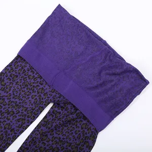 Close-up detail of sexy leopard print pantyhose, purple high waist tights for women nightclub.