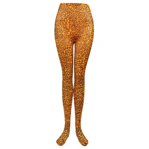 Sexy leopard print tights detail view, stretchy fabric, perfect for clubwear or Halloween party.