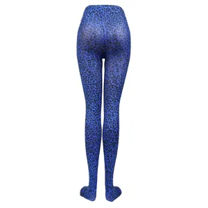 Detail of blue leopard print pantihose showing back view pattern and texture clearly.