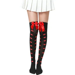Chic black over-the-knee high socks featuring stylish red lip prints and cute bows for daily wear.