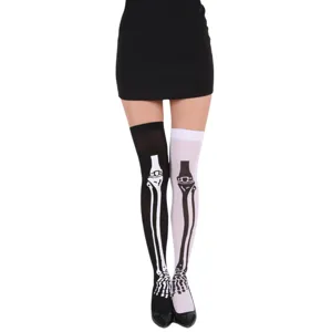 Halloween skeleton over-the-knee socks, black and white contrast color printed thigh high stockings.