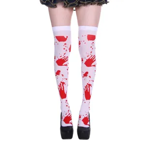 Halloween bloody over-the-knee socks with spooky red handprint prints for costume parties.