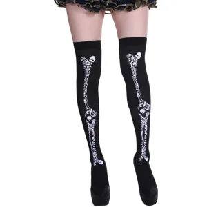 Black over-the-knee socks with white skeleton floral print for Halloween party cosplay.