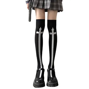 Goth high socks with white cross print, long over-the-knee stockings for alternative fashion.