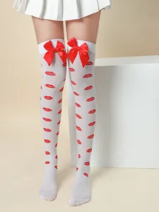 White over-the-knee stockings with red bowknots and kiss prints for fashion party wear.