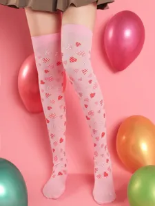 Detail shot of Valentine's heart print over-the-knee sheer stockings in pink, close-up texture.