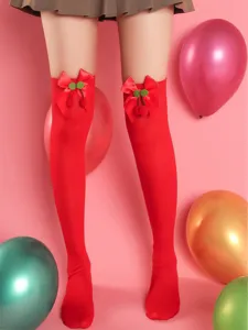 Red over-the-knee stockings with bow cherry decor for women cute valentine date party