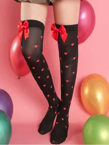 Black over-the-knee stockings with cute red heart prints and sweet bow knots for women.